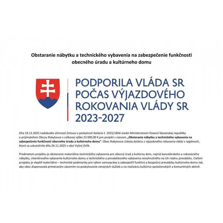 Obstaranie nábytku a technického vybavenia na zabezpečenie funkčnosti obecného úradu a kultúrneho domu